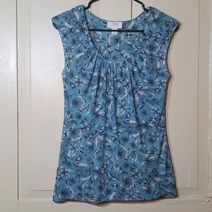 Aqua Floral Sleeveless Blouse Pleated Neckline by Ann Taylor Loft